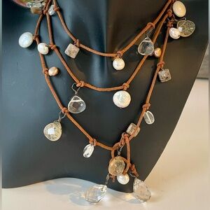In2Design Copper Suede, Pearl, Crystal & Gemstone Lariat Necklace - 45” Long